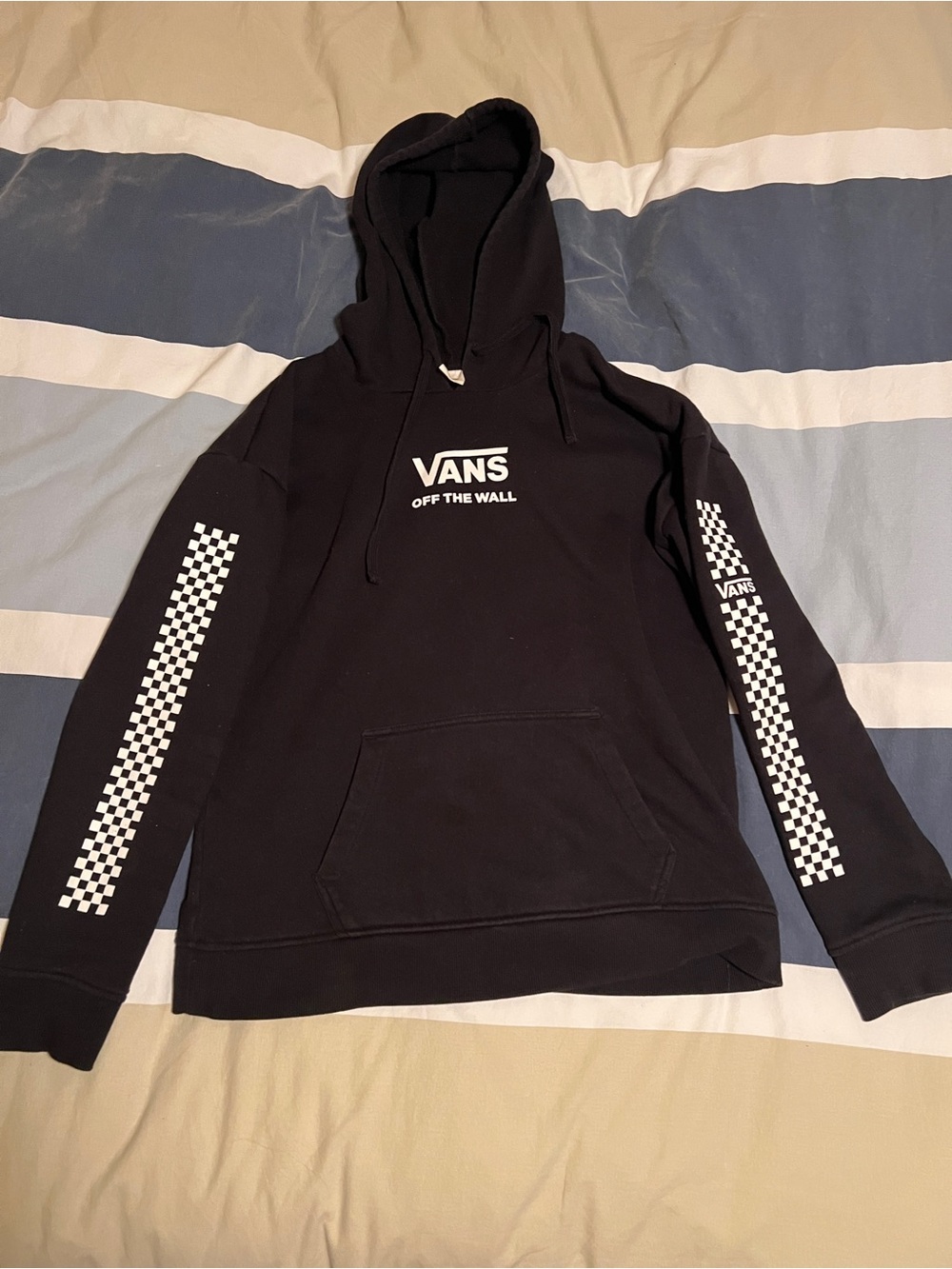 Vans Black Pullover Hoodie with White Checkerboard Sleeves